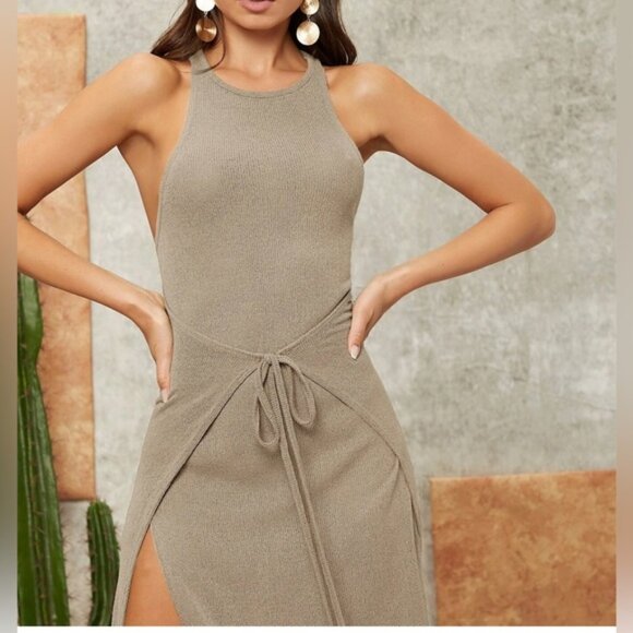 Khaki Sexy Tie Front Split Thigh Dress - Picture 2 of 7